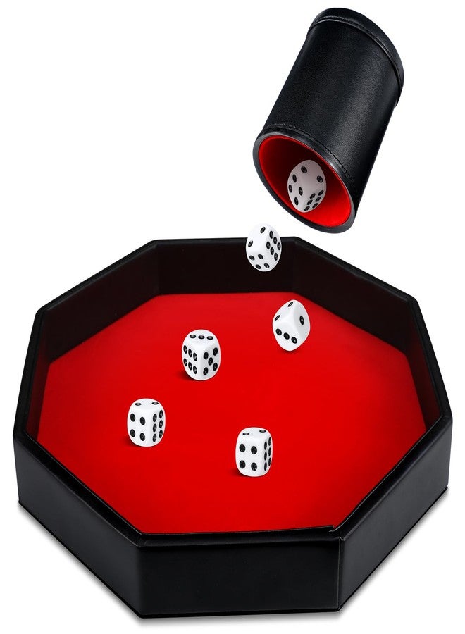MiniInflat 8 Pcs Dice Tray Game Set Includes 1 Red Velvet PU Leather Octagon Dice Roll Tray, Felt Lined PU Leather Dice Cup with 6 Dot Dices for Bar Party Dice Games - Image 1